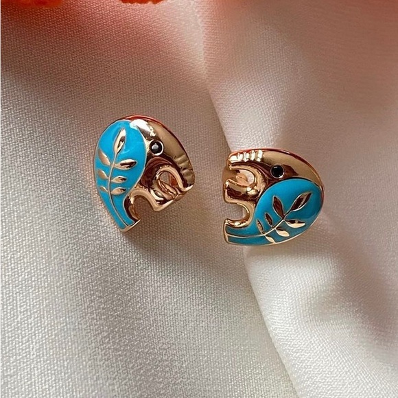 LAST ONE Elephant Hoop Earrings 18k Gold Plated Enameled Luxury Jewelry - Picture 2 of 10